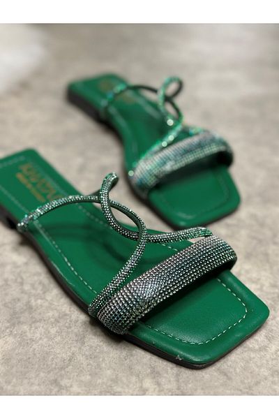 Nstil Daily Women's Green Slippers Cross Stoned Single Strap Blunt Toe Low Heel Sole Summer 19