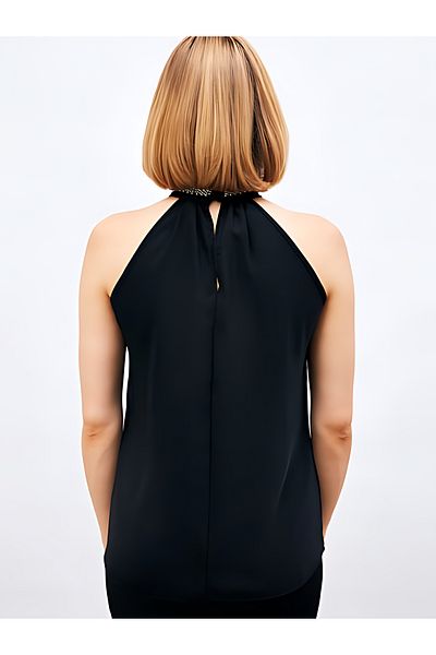 Sateen بلوزة بدون أكمام مع إكسسوارات على الياقة - أسود