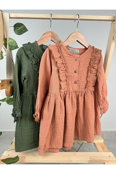 Minizade Rochie cu mânecă lungă cu volan pentru fetiță/copii din muselină