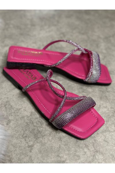 Nstil Daily Women's Fuchsia Slippers Cross Stoned Single Strap Blunt Toe Low Heel Sole Summer 19