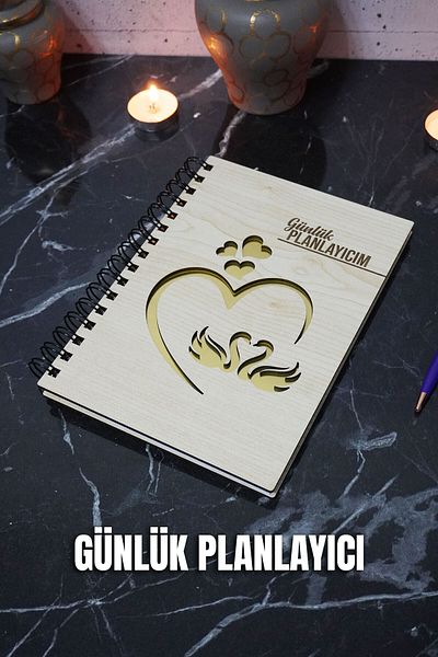markcat Caiet de planuri din lemn Swan Love - Agenda - Planificator zilnic (WOOD COLOR BANU) Caiet A5