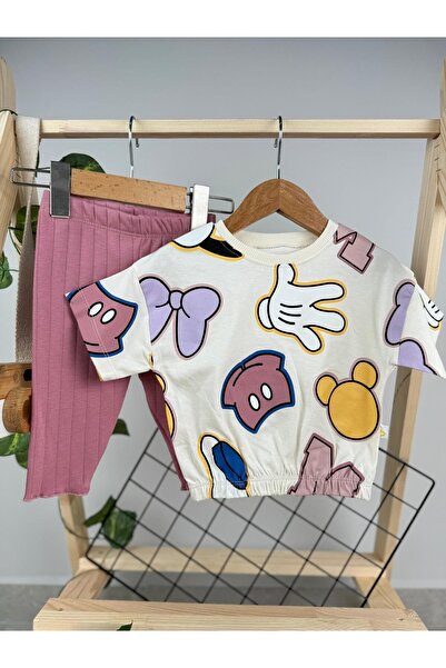 Minizade RIBBON LETTER PRINTED COLORFUL MICKEY BABY GIRL/KIDS DOUBLE SET