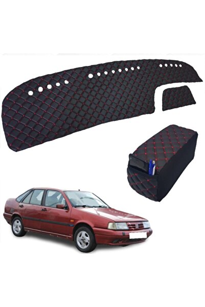 caraks مسند ذراع وسجادة صدر من الجلد الصناعي باللون الأسود والأحمر لسيارة فيا...