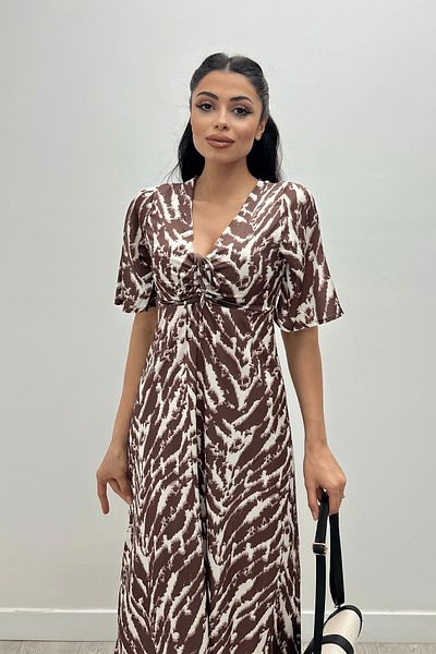 giyimmasalı Satin Fabric Dress with Gather Detail on the Chest - BROWN