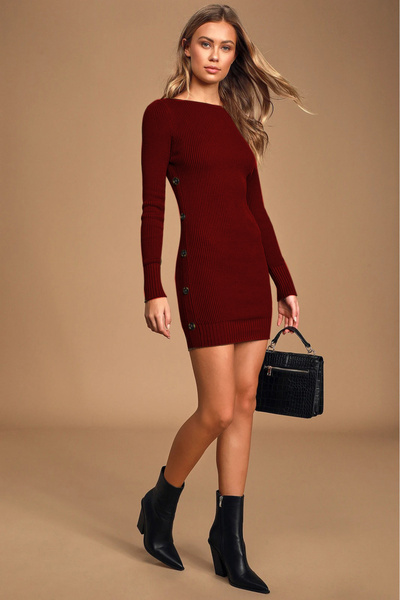 AQE FASHION فستان نسائي محبوك بياقة واسعة وأكمام طويلة وأزرار جانبية باللون ا...