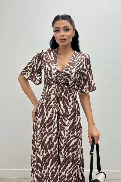 giyimmasalı Satin Fabric Dress with Gather Detail on the Chest - BROWN