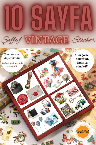 sanatıbedi 10 Sayfa Şeffaf Vintage Sticker Seti - Ajanda Bullet Journal Scrap...