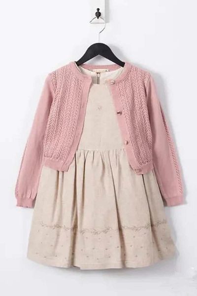 Riccotarz Girl's Knitted Jacket and Linen Cream Dress