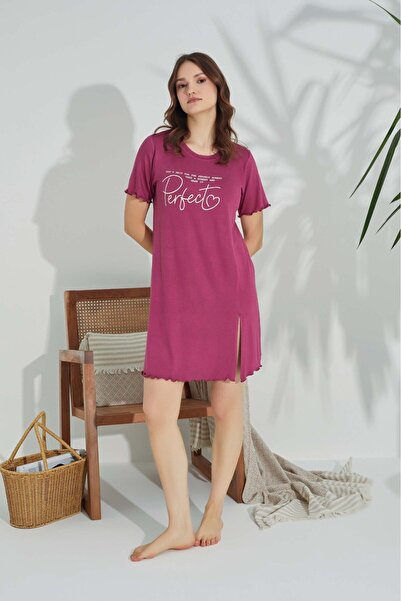 bie's فستان نوم قصير بتفاصيل فتحة فيسكوز وأكمام قصيرة ورقبة دائرية وردية اللو...