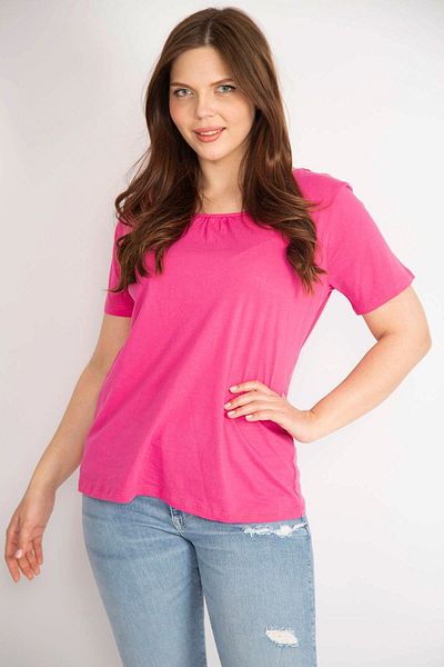 Şans Women's Fujya Large Size Cotton Fabric Crew Neck Short Sleeve Blouse 65n36326