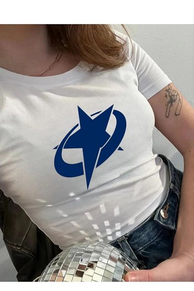 DEEFWEAR Y2K Street Style Μπλε Αστέρι με κοντό μανίκι Λευκό Crop