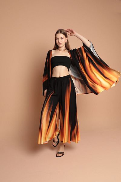lovebox Set kimono pentru femei, cu mâneci lungi, țesătură de viscoză, de tranziție de culoare, sezon nou