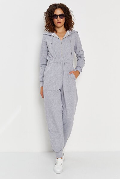 Hopoi Women's Gray Zippered Hooded Jumpsuit Hop23005