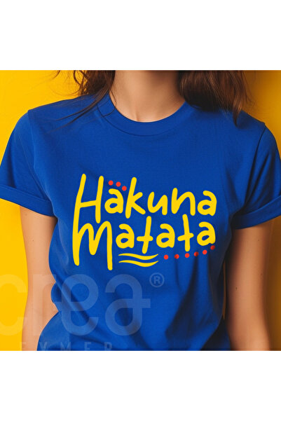 Crea Eymer Wear تي شيرت هاكونا ماتاتا مطبوع باللون الأزرق الفاخر
