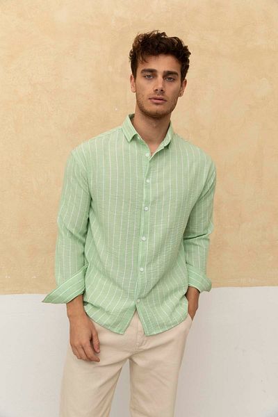 COOL TARZ Men's Pistachio Green Relax Fit Line Detail Shirt
