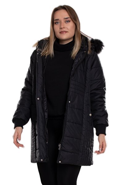 RMG 9754 Büyük Beden Kapitone Kapüşonu Kürklü Astarlı Uzun Kadın Mont