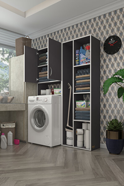 Kenzlife Çamaşır Makinesi Dolabı Veronikasüpürge Gri 180*126*20 Banyo Arkalıksız Raflı