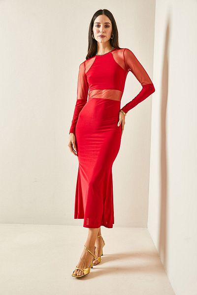 XHAN Red Transparent Detailed Maxi Dress 5YXK6-48480-04