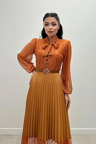 giyimmasalı Φόρεμα μίντι με δαντέλα και λεπτομέρεια πιέτας - ΠΟΡΤΟΚΑΛΙ