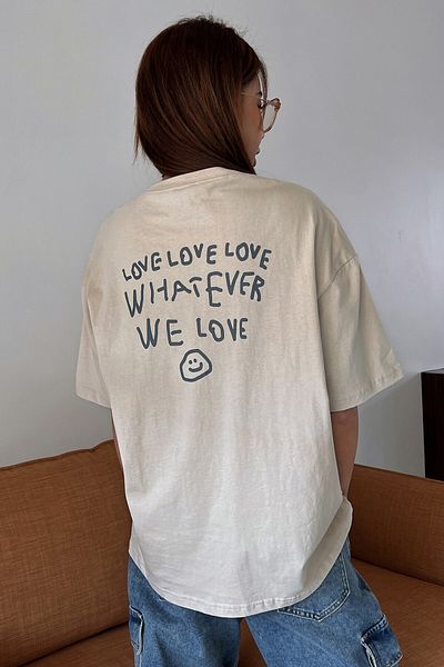 MODAGEN Μπλουζάκι Unisex Beige Crew Neck Whatever Printed Oversize T-shirt