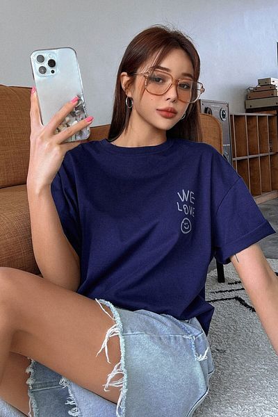 MODAGEN Unisex Navy Blue Crew Neck Whatever εμπριμέ μπλουζάκι μεγάλου μεγέθους