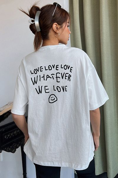 MODAGEN Unisex Λευκό μπλουζάκι με λαιμόκοψη με τυπωμένο υπερμεγέθη