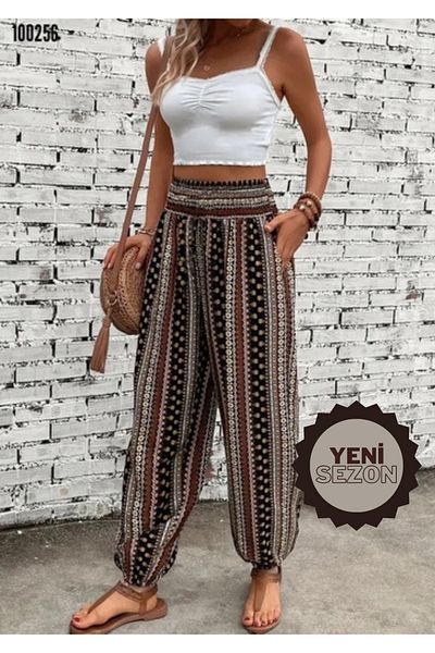 JANES Women's Waist Stitched Leg Elastic Ethnic Pattern Wrap Comfortable Fabric Baggy Trousers