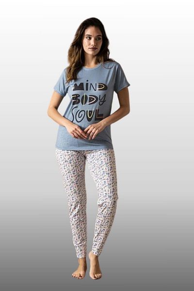 Simala Set de pijamale cu mâneci scurte din bumbac cu model de culoare albastră