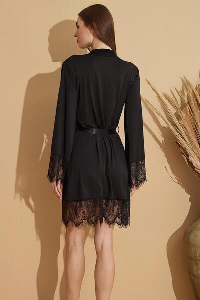 Pijamaevi Schwarzer Morgenmantel aus Bambusstrick mit Mailänder Spitze