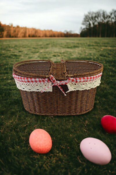 ALBETTO Büyük Boy Plastik Rattan Örme Piknik Sepeti Oval Ekoseli Kahverengi