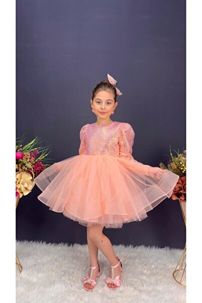 Little Pumpkin Somon Rengı Kabarık Etek Pul Payetlı Cocuk Elbıse Abıye-dar Kalıp-2 Yaş Büyük Almanız Tavsıye Edılır