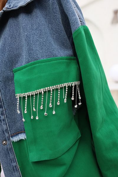 FEMELLE Jachetă de damă, verde, dublu cu buzunar cu apăsare, cu ciucuri de piatră, din denim