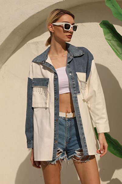 FEMELLE Women's White Double Pocket Snap Button Stone Tassel Denim Oversize Jacket