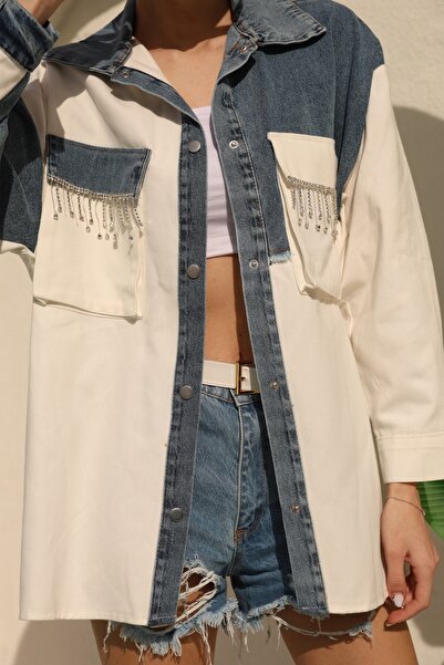 FEMELLE Women's White Double Pocket Snap Button Stone Tassel Denim Oversize Jacket