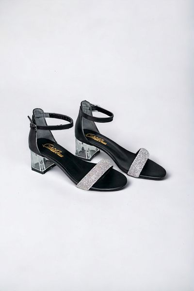MİYA Women's Single Strap Gray Silver Shiny Stone Transparent Heeled Black Sandals