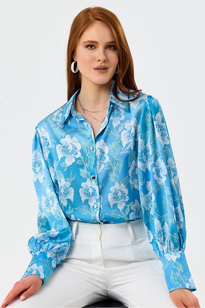 MD trend Cămașă oversize din satin cu umeri cu mâneci cu balon cu model floral