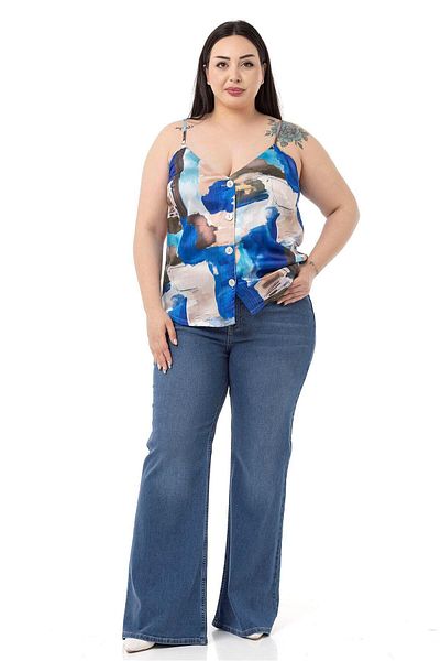 DISENTIS MODEST Plus Size Adjustable Thin Strap Buttoned Front Tie-Dye Patterned Blue Blouse