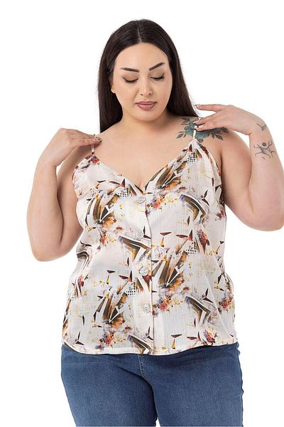 DISENTIS MODEST Plus Size Adjustable Thin Strap Buttoned Front Floral Print Brick Color Blouse