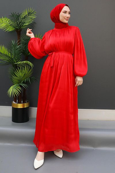 GİZ AGİYİM Balloon Sleeve Silk Dress Red