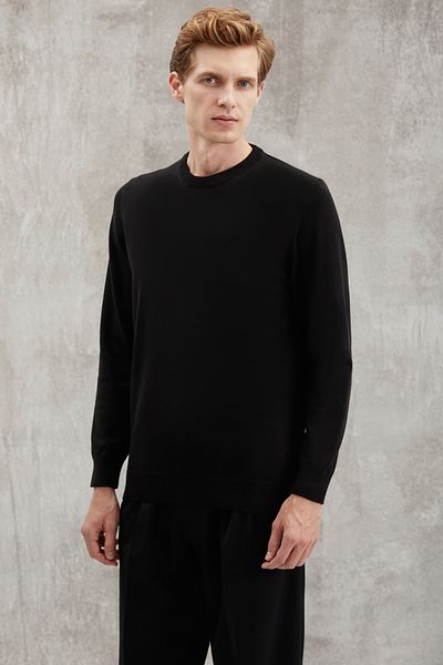 GRIMELANGE Battıs Herren-Pullover aus 50 % Baumwolle, spezieller Seidengriff, Anti-Pilling, weicher runder Kragen, Schwarz
