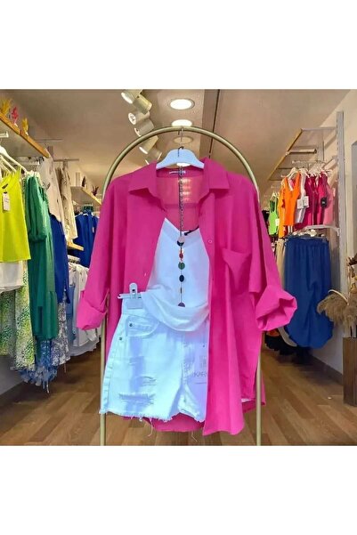 MODA GARDEN 35 OVERSİZE FUŞYA KETEN GÖMLEK