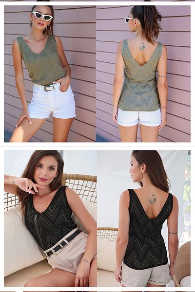 AQE FASHION Women's Front Back V-Neck Sleeveless Strap Glitter Detailed 2-Pack Blouse KHAKI-BLACK