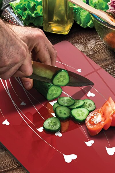 Decovetro Red and White Heart Patterned Glass Cutting Board