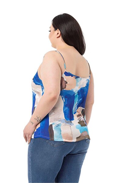 DISENTIS MODEST Plus Size Adjustable Thin Strap Buttoned Front Tie-Dye Patterned Blue Blouse