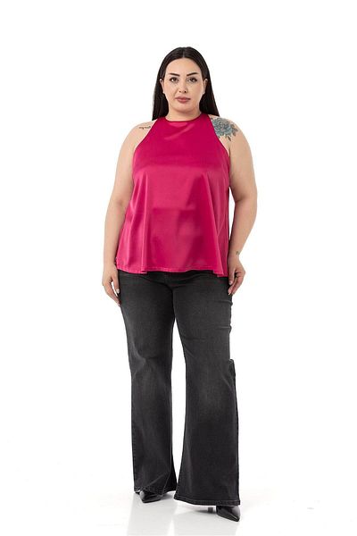 DISENTIS MODEST Plus Size Halter Neck Satin Textured Lined Fuchsia Blouse