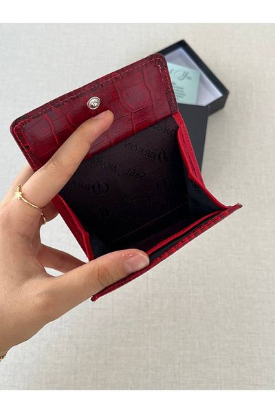 DERKON Juno Genuine Leather Mini Crocodile Patterned Red Wallet