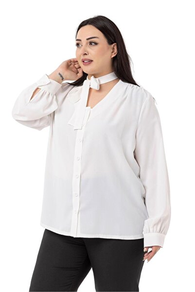 DISENTIS MODEST Large Size White Shirt with Halter Detail and Cuffs