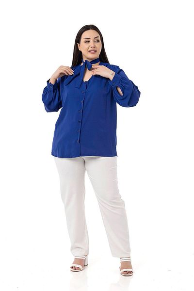 DISENTIS MODEST Plus Size Saxe Blue Shirt with Halter Detail and Cuffs