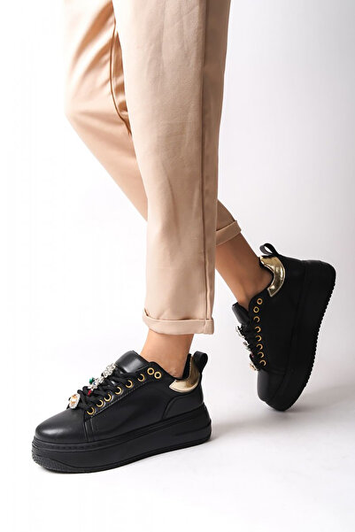 Rainon Store Rdsbrianna Black Leather Laced Orthopedic Sole Colorful Stone Decorated Women's Sports Shoes