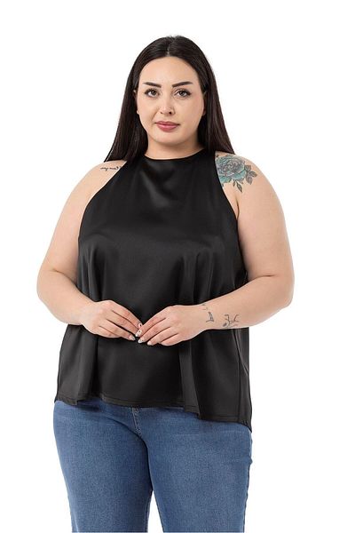 DISENTIS MODEST Plus Size Halter Neck Satin Textured Lined Black Blouse